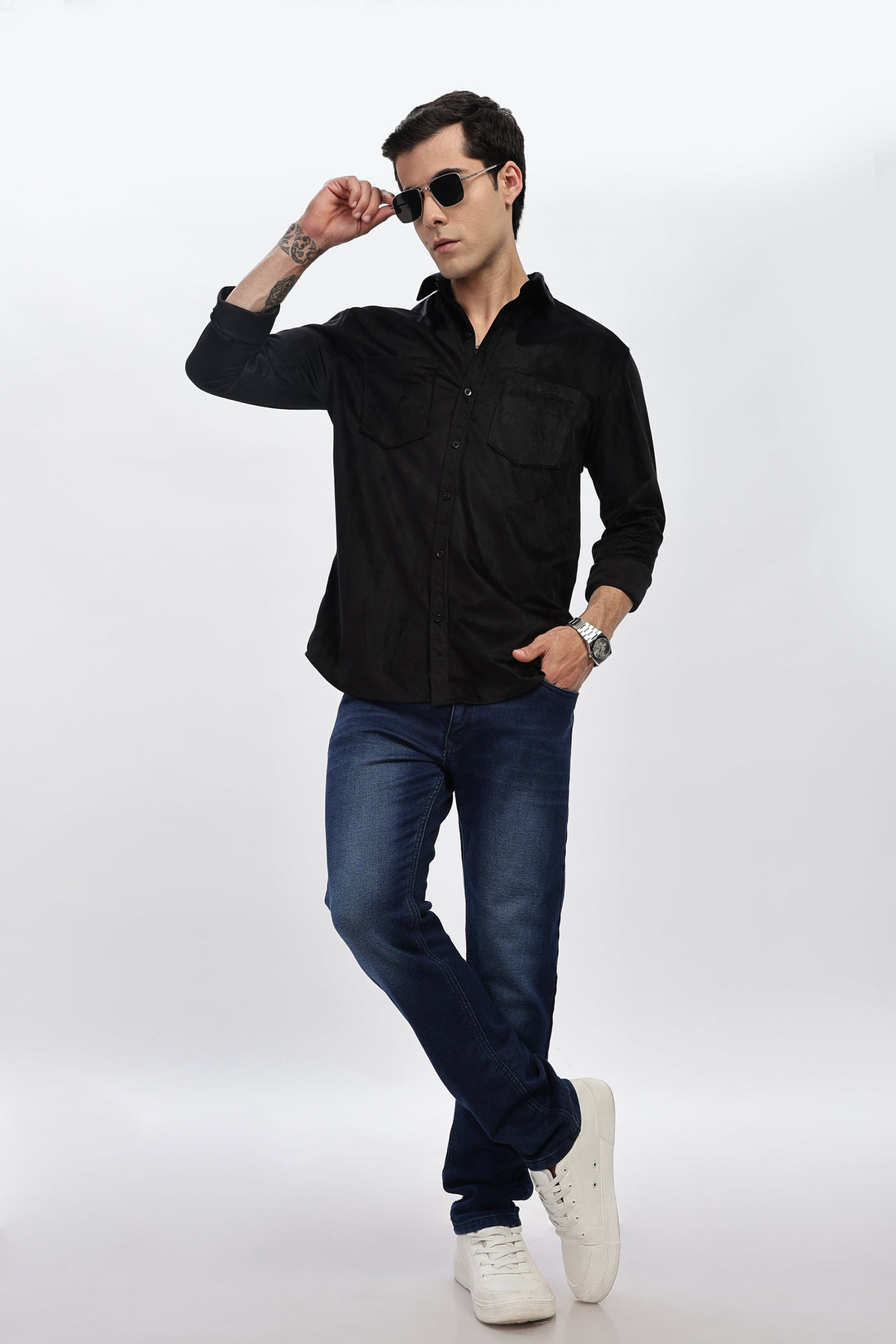 Black Double Pocket Solid Shirt